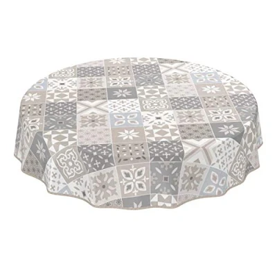 Imagen de ANRO Mantel de hule lavable con aspecto azulejos, color beige, gris, azul, redondo, 140 cm, dobladillo, ribeteado