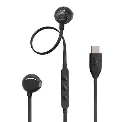 Imagen de JBL Tune 305 C USB Auriculares intraaurales con micrófono y audio de alta resolución, cable plano antienredos, 3 botones control, control preajustes volumen EQ, en negro