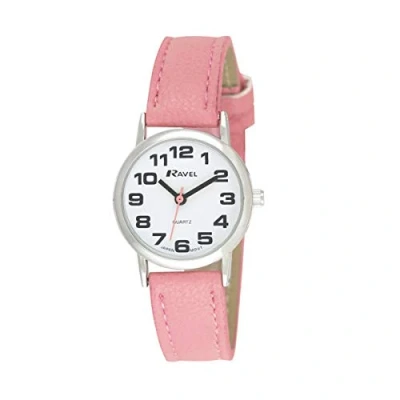 Imagen de Ravel Reloj Unisex de Correa fácil Lectura con números Grandes (Grande) Rosado/Tono Plateado/Esfera Blanca