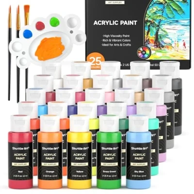 Imagen de Shuttle Art 29PCS Pintura Acrílica, 25 Colores Acrílico (60 ml) con 3 Pinceles y 1 paleta, Ricamente Pigmentado, para Tela Lienzo Piedra, Acrilicos Pintar Artistas, Principiantes