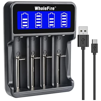 Imagen de WholeFire Cargador de Batería Universal, 4 Ranuras LCD Pantalla Inteligente 18650 para Recargable Li Ion 26650 18490 17670 17500 16340 14500, Ni MH/Ni CD A AA AAA Baterías
