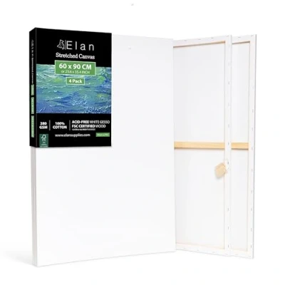 Imagen de Elan Lienzos Preestirados 60x90, 4 PACK 100% Algodón para Pintar Grandes, Canvas Pintar, Enmarcados, Tela Pintura, Lienzo Grande, Blanco