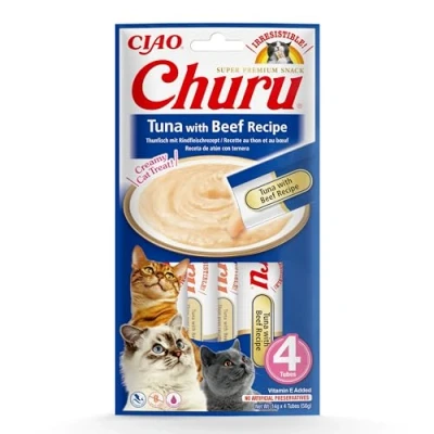 Imagen de INABA Churu Premios para Gatos Snacks Saludables Atún con Ternera Textura Cremosa Sin Cereales, Conservantes, Colorantes Sólo 6 Cal 4x14g (56g)