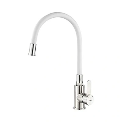 Imagen de Ibergrif, M22119 3, Grifo de Cocina con Caño Giratorio Universal, Grifería para Fregadero, Acero Inoxidable Cepillado, Gris/Blanco