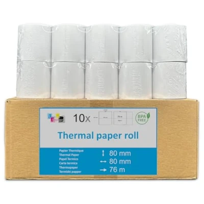 Imagen de 10 carretes de papel térmico SIN BISFENOL 80 x 12 mm A rollos térmicos 80x80x12 para ticket caja impresora térmica registradora estándar CEE