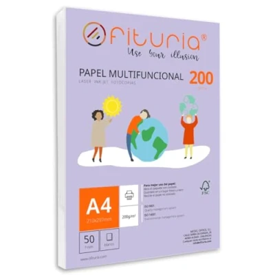 Imagen de Paquete de folios A4 200gr con 50 Hojas Blancas, Papel Multifuncional para Uso Escolar y Entornos Laborales. Ideal impresoras láser, inyección o fotocopiadoras Ofituria