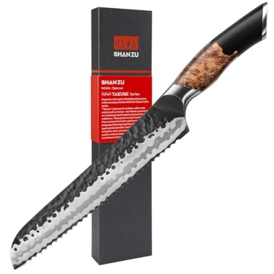 Imagen de SHAN ZU Cuchillo para Pan Dentado Forjado a Mano, 20cm Panero Afilado, 7 Capas de Acero 9Cr18MOV, Mango Madera Arce
