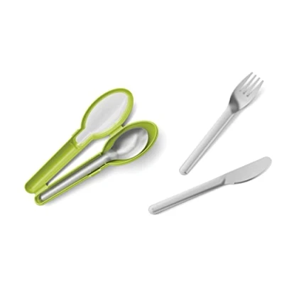 Imagen de Emsa Set de cubiertos para llevar con funda Clip &amp; Go Juego 3 acero inoxidable, diseño compacto, tenedor, cuchillo, cuchara, protectora, apto lavavajillas, 18/10