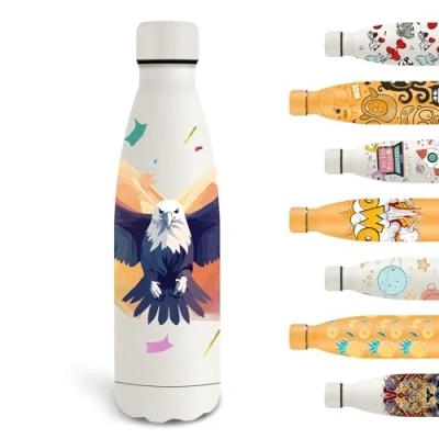 Imagen de Grsta Botella Agua Acero Inoxidable, 500ml Termica, de sin BPA, Personalizada, Reutilizable a Prueba Fugas, para la Escuela, Viajar, Blanco Águila