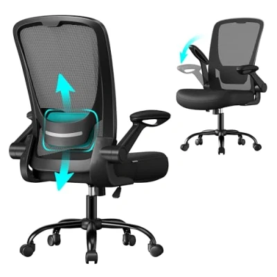 Imagen de SONGMICS Set de 2, Silla Oficina, Malla Ergonómica, Ordenador, con Soporte Lumbar Acolchado, Respaldo Basculante, Asiento 53 cm Ancho, Apoyabrazos Abatibles, Negro OBN37BK 2