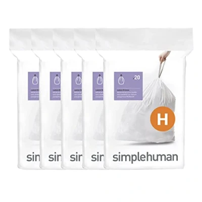 Imagen de simplehuman Code H Bolsas de basura con cordón ajuste personalizado, 30 35 litros/8 9 galones, color blanco, 100 unidades