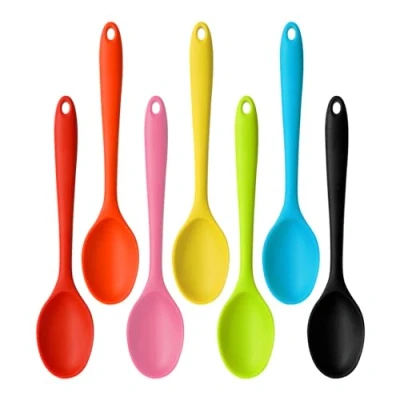 Imagen de Juego de 7 cucharas silicona acero inoxidable, cocina, mezcladoras mango largo, servir colores, antiadherentes, utensilios