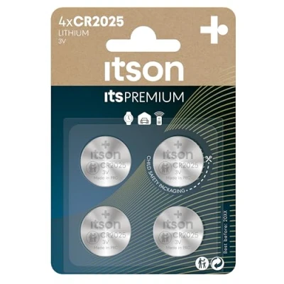 Imagen de ITSON, CR2025 Pilas de botón Litio, 3V, Paquete 4, lo Mejor para Llaves Coche, Relojes y pulsómetros