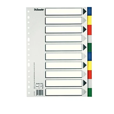 Imagen de Esselte 11610 Separadores de Plástico Esselte, Material PP, Tamaño Folio, Gama ECO, 10 Pestañas, 5 Colores, Índice en Blanco y Negro, Multitaladro, Presentación Bolsa Individual