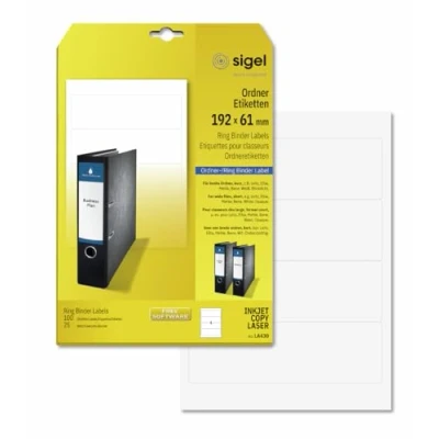 Imagen de SIGEL LA430 Etiquetas para archivadores (Ink/Laser/Copy), 192x61 mm (A4), 100 Et.=25 hojas