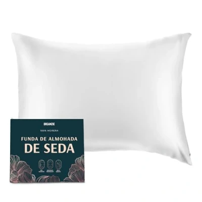 Imagen de DREAMZIE Doble Cara 100% 19 mm Funda de Almohada Seda Pura moras para la Salud del Cabello y Piel Funda, con Cremallera Oculta, 1 Pieza, 40x80 cm, Blanco