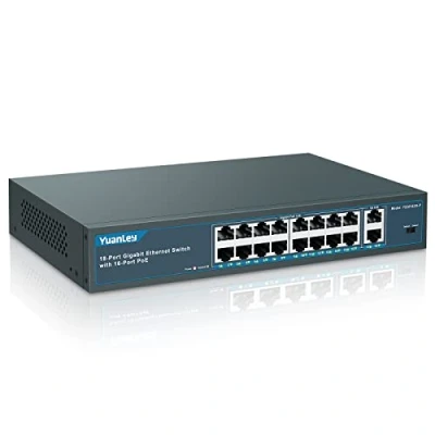 Imagen de YuanLey 18 Puertos Gigabit PoE Switch , 16 PoE+ 1000Mbps, 2 Uplink, 250W 802.3af/at, Escritorio de Metal/ Montaje en Bastidor, Conmutador Red Plug and Play no Administrado