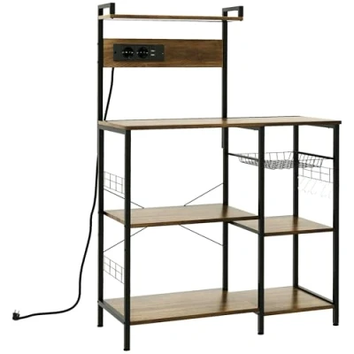 Imagen de HOMCOM Estantería de Cocina Industrial Estante con Toma Corriente Estantes Ajustables Ganchos y Cesta Metálica 90x42x130 cm Marrón Rústico