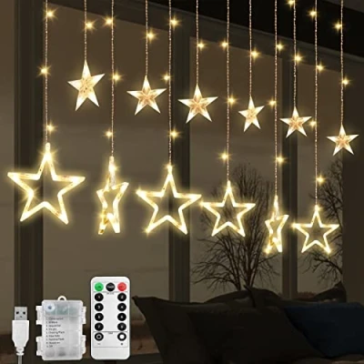 Imagen de Cortina De Luces con 12 Estrella, Guirnalda Navidad Decorativas 2.5m 138 LED, 8 modos parpadeoLuces Ventana Blanco Calido, Decoración Para La (A (Blanco Cálido))