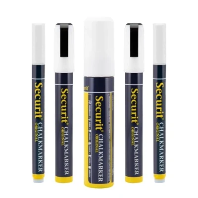 Imagen de SECURIT Set de 5 Rotuladores Tiza Líquida Para Superficies No Porosas (Pizarra, Vidrio, Metal, Espejo, etc.) Surtidos Diferentes Grosores Punta Blanco
