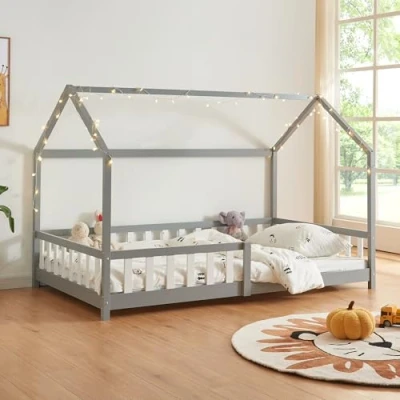 Imagen de [en.casa] Cama para Niños Hesel Decrativa Infantil Individual con Somier y Barandilla Estructura en Forma de Casa Estilo Montessori Madera Pino 140 x 200 cm Gris