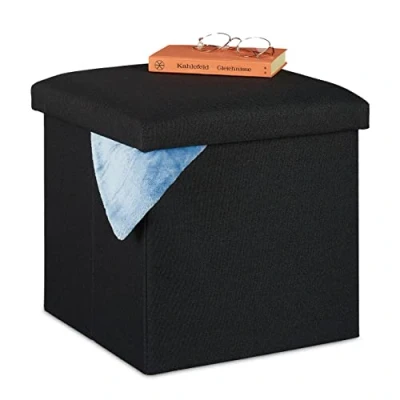 Imagen de Relaxdays Taburete Almacenaje Plegable, Acolchado, Tela, Otomana de Almacenamiento, 37 x 37,5 cm, Negro, Gomaespuma