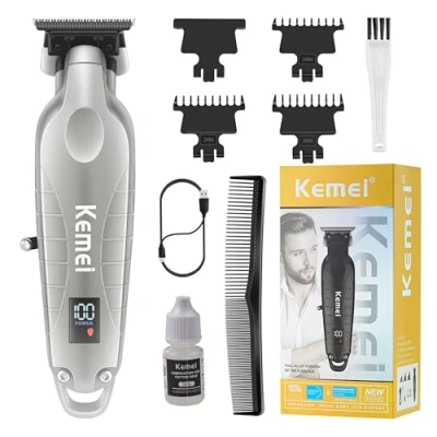 Imagen de KEMEI 2293 Recortadora profesional de pelo y barba para hombre, sin huecos, peluquería con hoja en T, recargable inalámbrica, color plateado