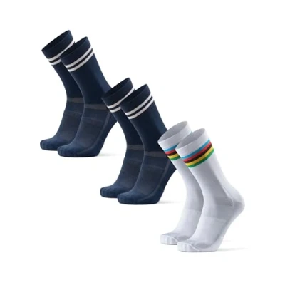 Imagen de DANISH ENDURANCE Calcetines de Ciclismo Altos, Acolchados, Transpirables, MTB y Spinning, Hombres Mujeres, 3 Pack Multicolor (2xAzul Marino/Rayas, 1xBlanco/Rayas) 35 38