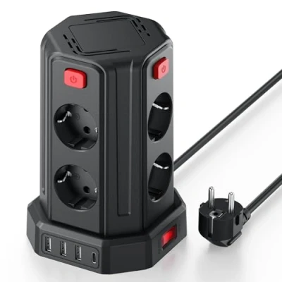 Imagen de 2M Torre Regletas Enchufes, Regleta USB 8 Tomas de AC Corrientes y 4 USB, 2500W/10A, Regreltas Vertical con Interruptor para Mesa, Oficia, Casa……
