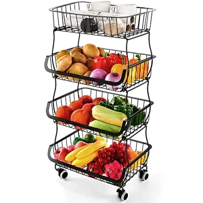 Imagen de Cesta de frutas 4 pisos, cestas verduras para y almacenamiento apilables metal con ruedas adecuadas la cocina, despensa aseo