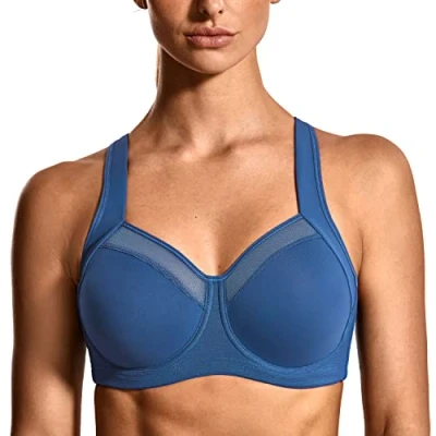 Imagen de SYROKAN Sujetador Deportivo Mujer Alto Impacto con Aros y Espalda Cruzada sin Forro Azul Medianoche 95E