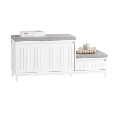 Imagen de SoBuy Banco Zapatero con 2 Estantes, 1 Cajón y Puertas Entrada Recibidor Cojín Acolchado de Asiento 100 x 35 42 cm Blanco FSR172 W ES