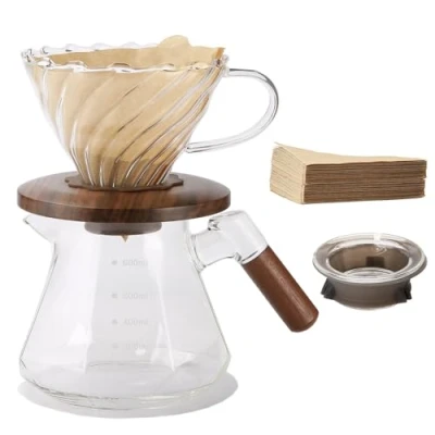 Imagen de Lalord cafetera de vertido, juego vidrio borosilicato 20 onzas con 100 filtros papel #4, cuello nogal y tapa vidrio, goteo, 1 3 tazas, transparente (juego 600 ml)