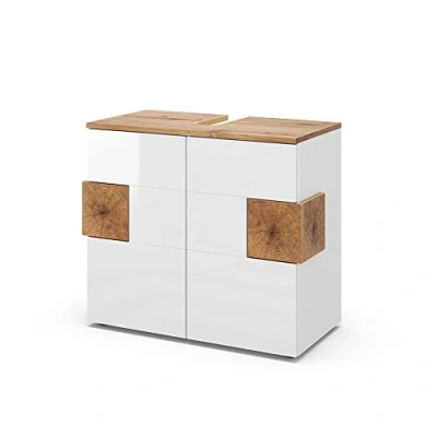 Imagen de Vicco Mueble bajo Lavabo Eden, Blanco Alto Brillo/Roble Artesanal, 73.1 x 64 cm