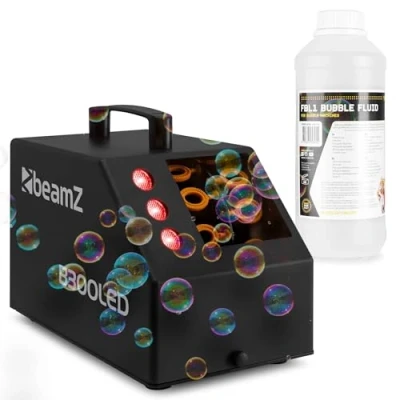 Imagen de BeamZ B300LED Máquina de burbujas con LED RGB, mando a distancia, 1L líquido incluido, depósito 700ml, compacta y ligera, ideal para fiestas infantiles, jardín, eventos espectáculos