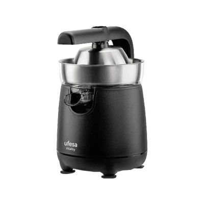 Imagen de Ufesa Vitality, Exprimidor Eléctrico de brazo, 120W, Vertido Continuo, Sistema Antigoteo, Doble Cono, Filtro en Acero Inoxidable, Brazo para la extracción del Zumo, Sin BPA, Negro Inox