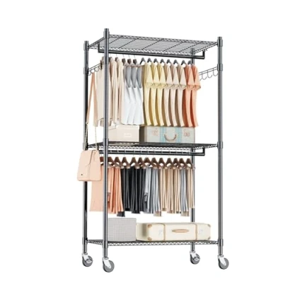 Imagen de Himimi Perchero doble con estantes ajustables en altura, barra de ropa 2 ganchos, rieles ruedas, 60 * 42 205cm, Negro