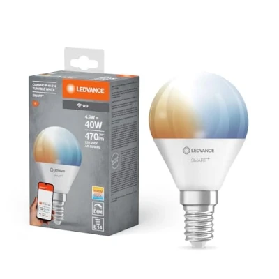 Imagen de LEDVANCE Smarte LED Lampe mit WiFi Technologie, Sockel E14, Dimmbar, Lichtfarbe änderbar (2700 6500K), ersetzt Glühlampen 40 W, SMART+ Mini Bulb Tunable White, 1er Pack