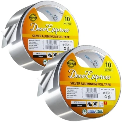 Imagen de DECO EXPRESS Cintas Adhesivas de Aluminio Alta Temperatura, Cinta Adhesiva 10m, 25m, 50m x 45mm, Resistente al Calor, Impermeable, Aislamiento (10 M, 2 Piezas)