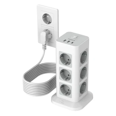 Imagen de TESSAN 15 en 1 Regletas Enchufes con Alargadera 10 Metros, 12 Tomas Ladron Enchufes, Torre Enchufe Multiple 2 USB A y C, Regleta Proteccion Sobretension, Interruptor