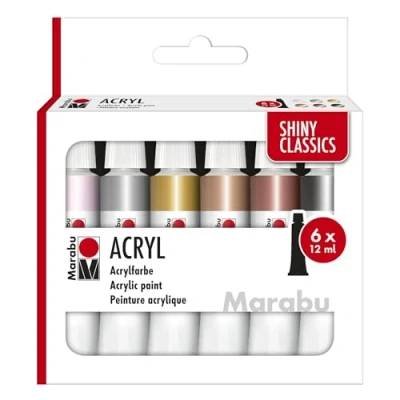 Imagen de Marabu estuche de pintura acrílica SHINY CLASSICS, 6 x 12 ml colores brillantes metalizados, fáciles pintar, secado rápido, resistentes a la luz y intemperie, 1210000000212