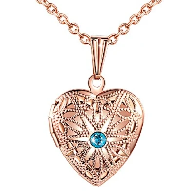 Imagen de MicLee Collares Foto Mujer, Collar con Cadena Colgante Corazon Hueco Brillante Circonita Azul,Color de Oro Rosa