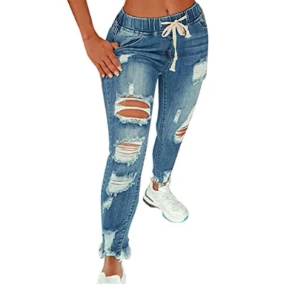 Imagen de Vaqueros Mujer Rotos EláStico Rectos Tejanos Skinny Slim Boyfriend Jeans Denim lápiz Pantalones con Cordón A Azul Claro L