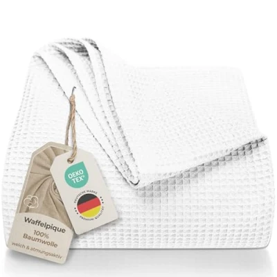 Imagen de LAYNENBURG Manta para sofá Verano 180 x 220 Waffle Pique 100% algodón cocha Ligera de como Cama, aireada (Blanco)