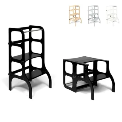 Imagen de Ette Tete Step’n’Sit® Montessori Torre Mesa de Aprendizaje Convertible Multifuncional 2 en 1 (con Cierres Negro, Negro)