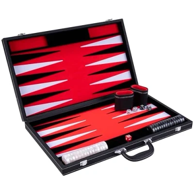 Imagen de Engelhart 250538 Backgammon de Lujo 21 Pulgadas (54 cm) Piel Sintética Incrustación Fieltro Incluye Dados, Fichas Nacaradas y 2 Vasos Uso Profesional Recreativo