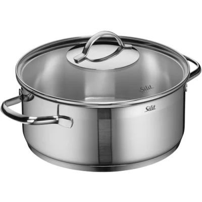 Imagen de Silit Olla de 24 cm diámetro, Aprox. 4,1 l, vertedor, Tapa Cristal, Acero Inoxidable Pulido, Apta para inducción, lavavajillas
