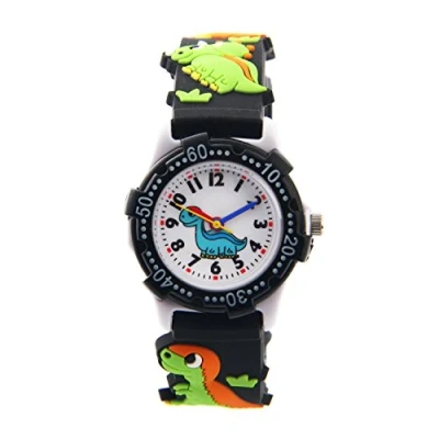 Imagen de ele ELEOPTION Reloj para Niños Lmpermeable 3D Lindo de Dibujos Animados Redondo Silicona Banda Goma Pulsera Cuarzo Niñas, Niño (Camión Bomberos, Negro)
