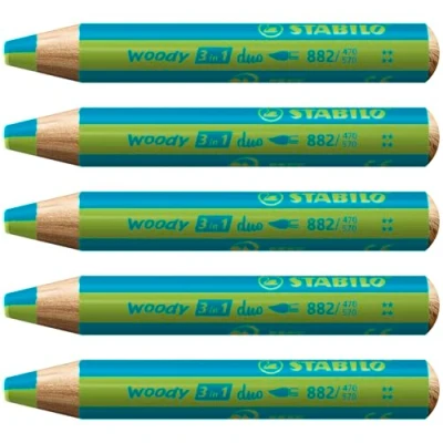 Imagen de STABILO Lápiz de color, cera y acuarela woody 3 en 1 duo Mina bicolor Caja con 5 unidades Colores turquesa/verde claro