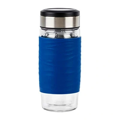 Imagen de Emsa N20805 Tea Mug Taza de té cristal doble pared no aislante mantiene 1 hora agua 0,4 litros colador extraíble sin BPA 100% hermético antigoteo color azul